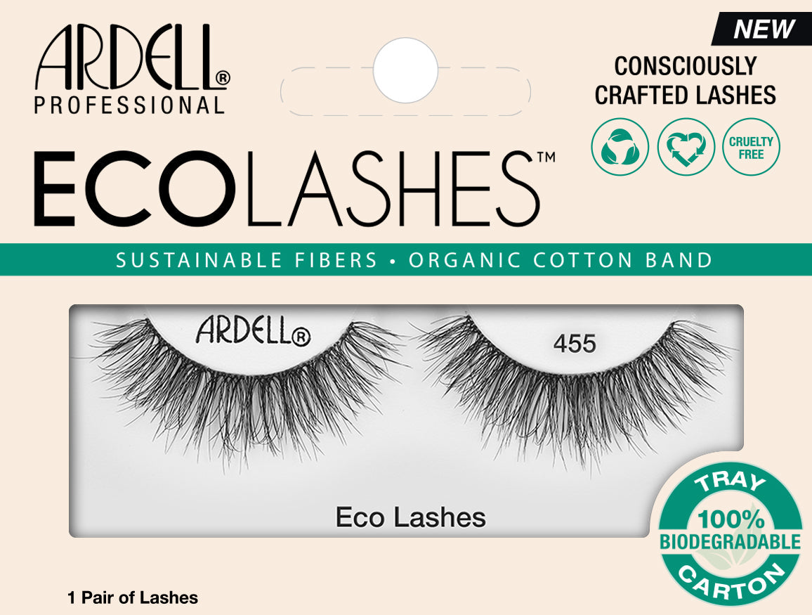 Frontview of a wall-hook ready retail pack of Ardell's Ecolashes 455 with printed text