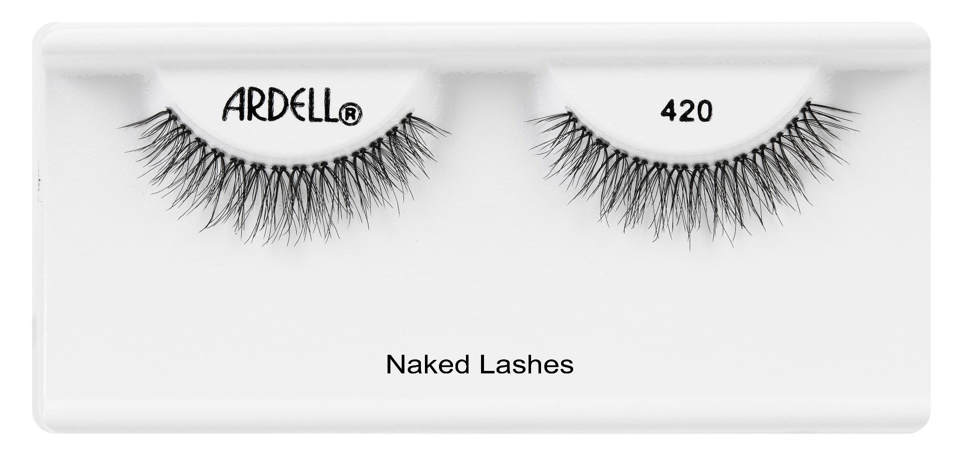 Pair of Ardell Naked Lash 420 faux lashes in inner packaging labeled "Ardell", "420", & "Naked Lashes"
