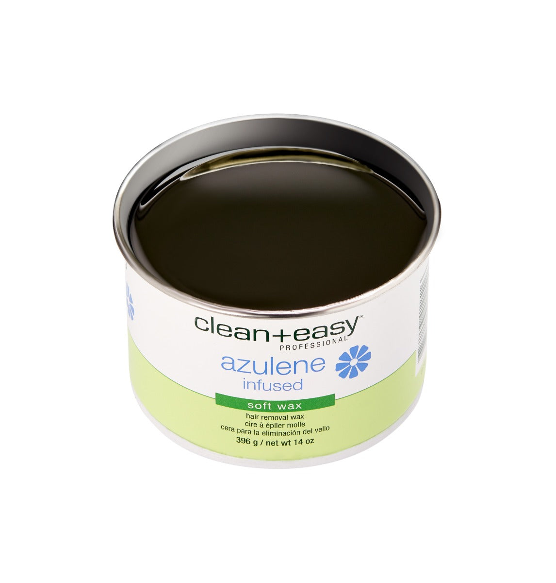Clean+easy Azulene Infused Soft Wax 14oz tinted front view with printed text