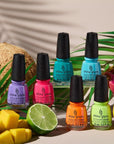 3D illustration of different colors of nail polish from the Havana Nights collection with tropical fruits as background
