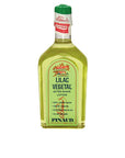 A clear 6 ounce bottle of Clubman Pinaud After Shave Lotion Lilac Vegetal showing its herbal green colored liquid contents