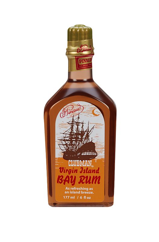 Front view of a 6-ounce bottle of Clubman Pinaud Bay Rum After Shave lotion featuring nautical themed label