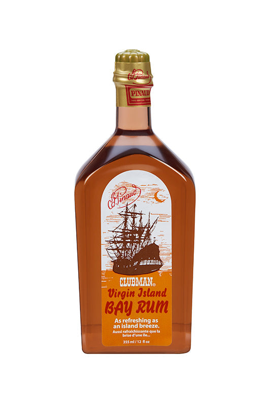 Front view of a 12 ounce bottle of Clubman Pinaud Bay Rum After Shave lotion featuring nautical themed label