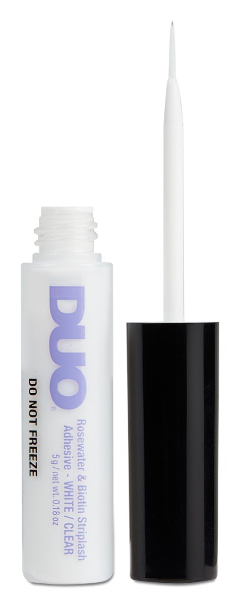 DUO Rosewater & Biotin StripLash Adhesive in white/clear with precision brush applicator for easy lash application.