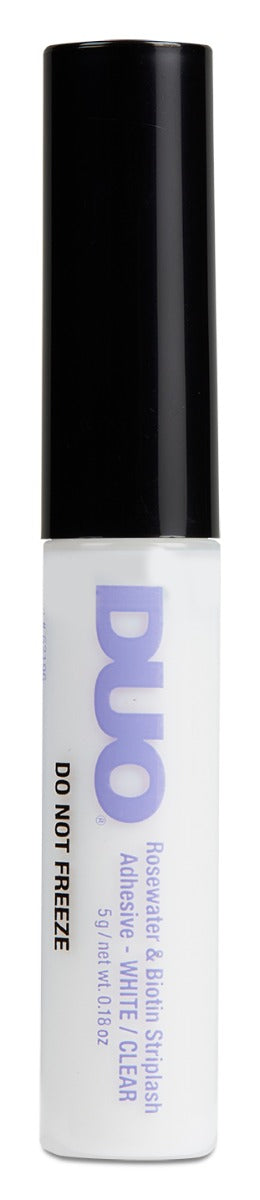 DUO Rosewater & Biotin StripLash Adhesive in white/clear, long-lasting, latex-free formula for secure false lash wear.