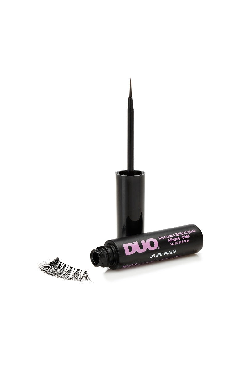 Open DUO Rosewater & Biotin Striplash Adhesive bottle with fine brush tip applicator, ideal for precise lash application.