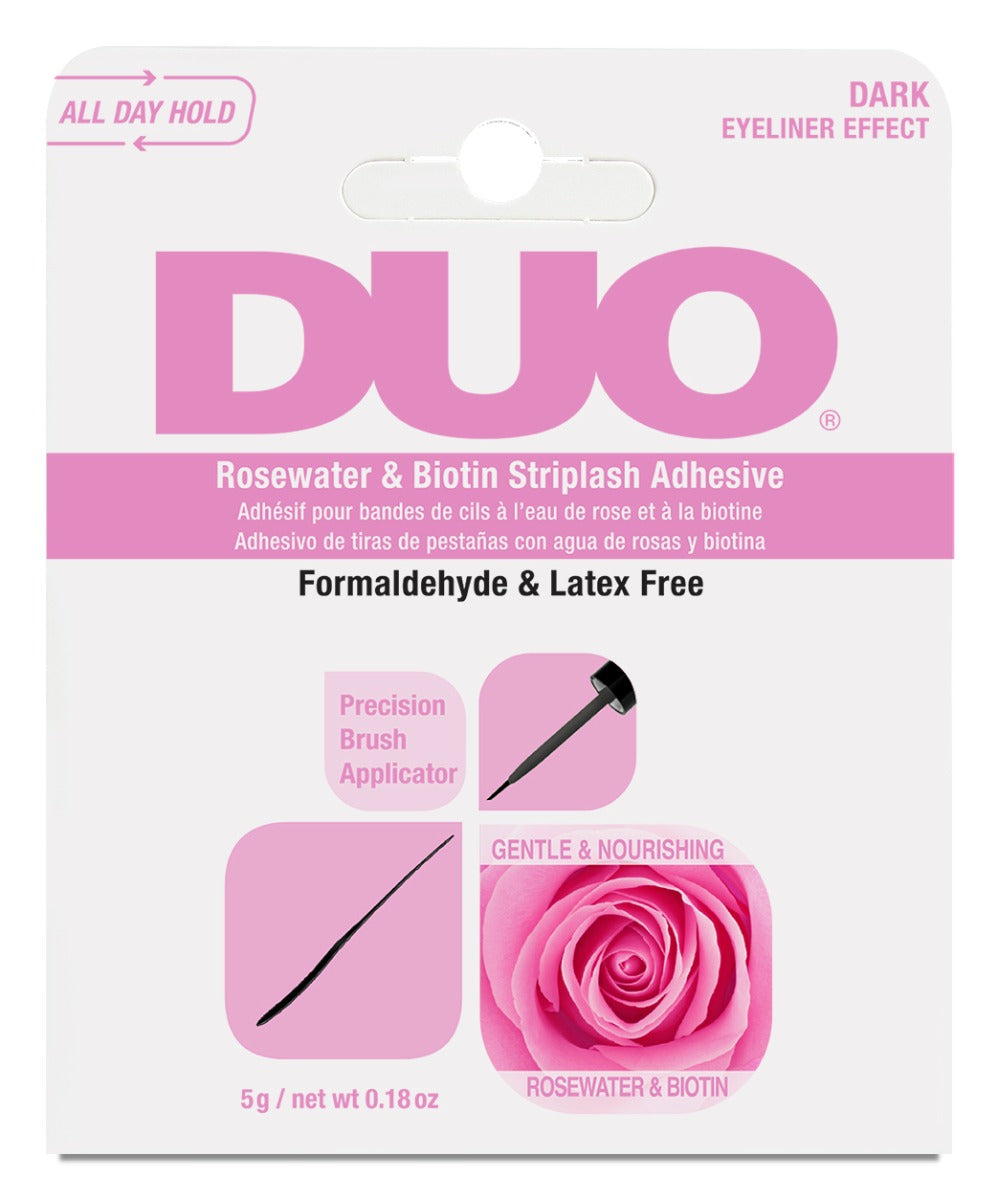 Front view of DUO?? Rosewater & Biotin Striplash Adhesive wall-hook ready packaging with printed label text