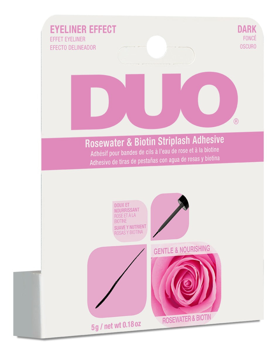 DUO Rosewater & Biotin Striplash Adhesive in dark tone, featuring nourishing ingredients for strong lash hold.