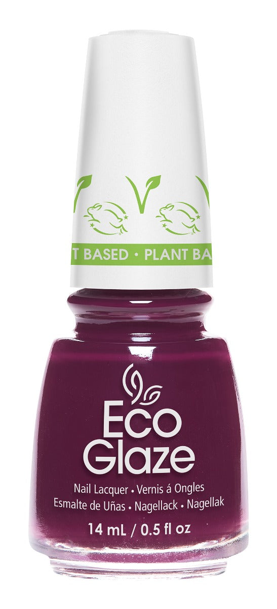 Eco Glaze Blossom Buddies deep purple nail lacquer with a vibrant glossy finish, great for a dramatic and elegant manicure.