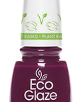 Eco Glaze Blossom Buddies deep purple nail lacquer with a vibrant glossy finish, great for a dramatic and elegant manicure.