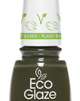 Eco Glaze Terra Trails Olive Green Nail Lacquer in a deep olive shade, perfect for adding a touch of earthy elegance to your nails.