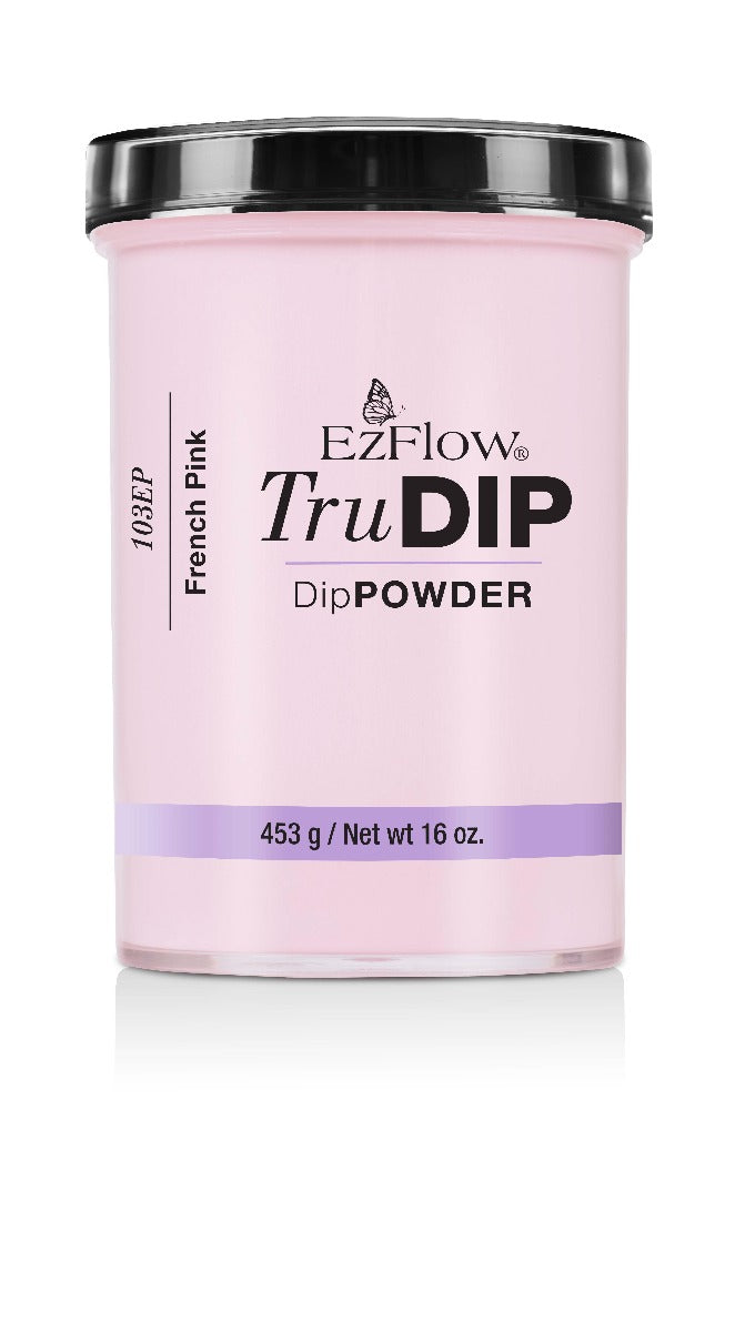 Front view of a 16-ounce glass container of EzFlow TruDIP Powder French Pink printed with product label & information
