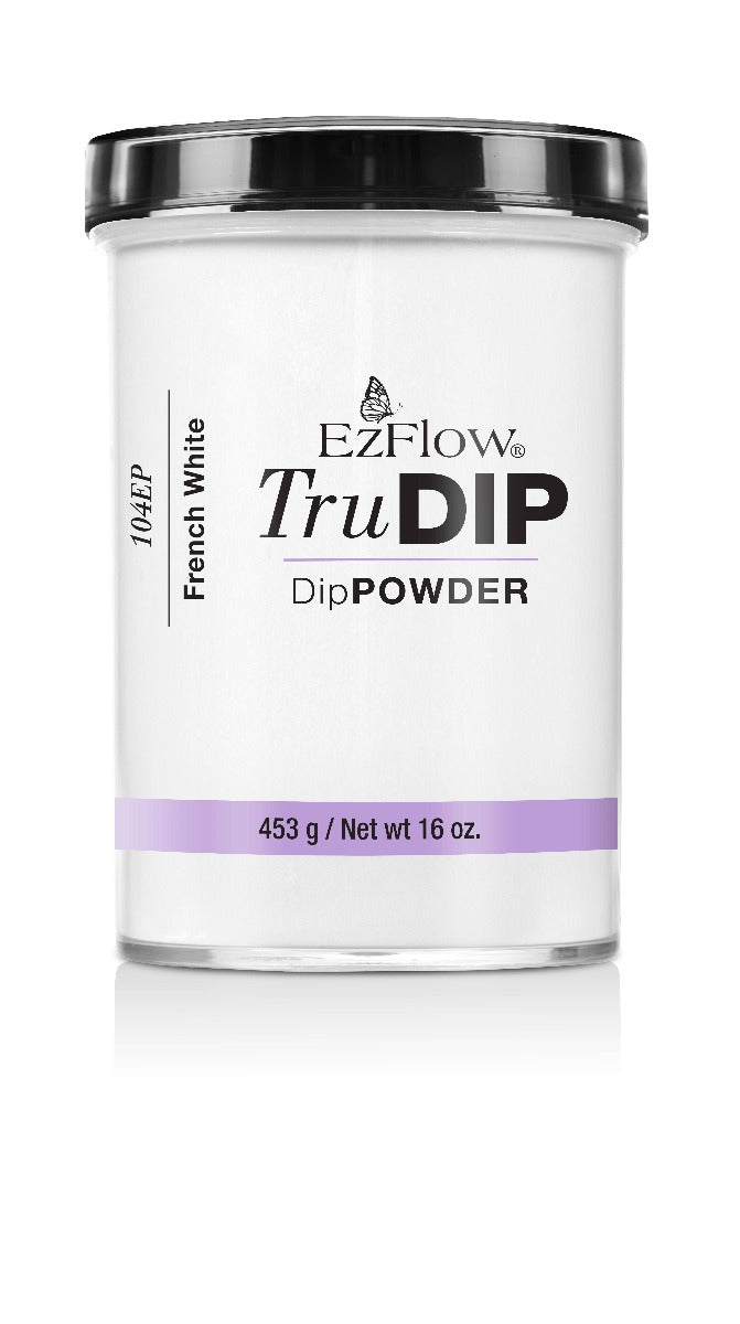 A tall 16 ounce container of TruDIP Powder French White with its contents showing through