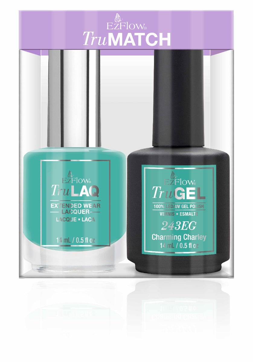 EzFlow TruMatch Charming Charley green nail polish set with lacquer and gel polish.