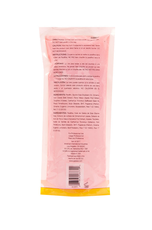 Back side of GiGi Cinnamon Apple Paraffin Wax retail pack featuring usage instructions, product information, & barcode