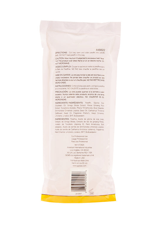 Back side of GiGi Botanical Blend Paraffin Wax retail pack featuring usage instructions, product information, & barcode