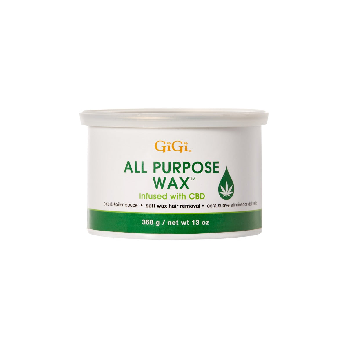 Front view of a 13 oz GiGi All Purpose Wax Infused with cannister with product information displayed