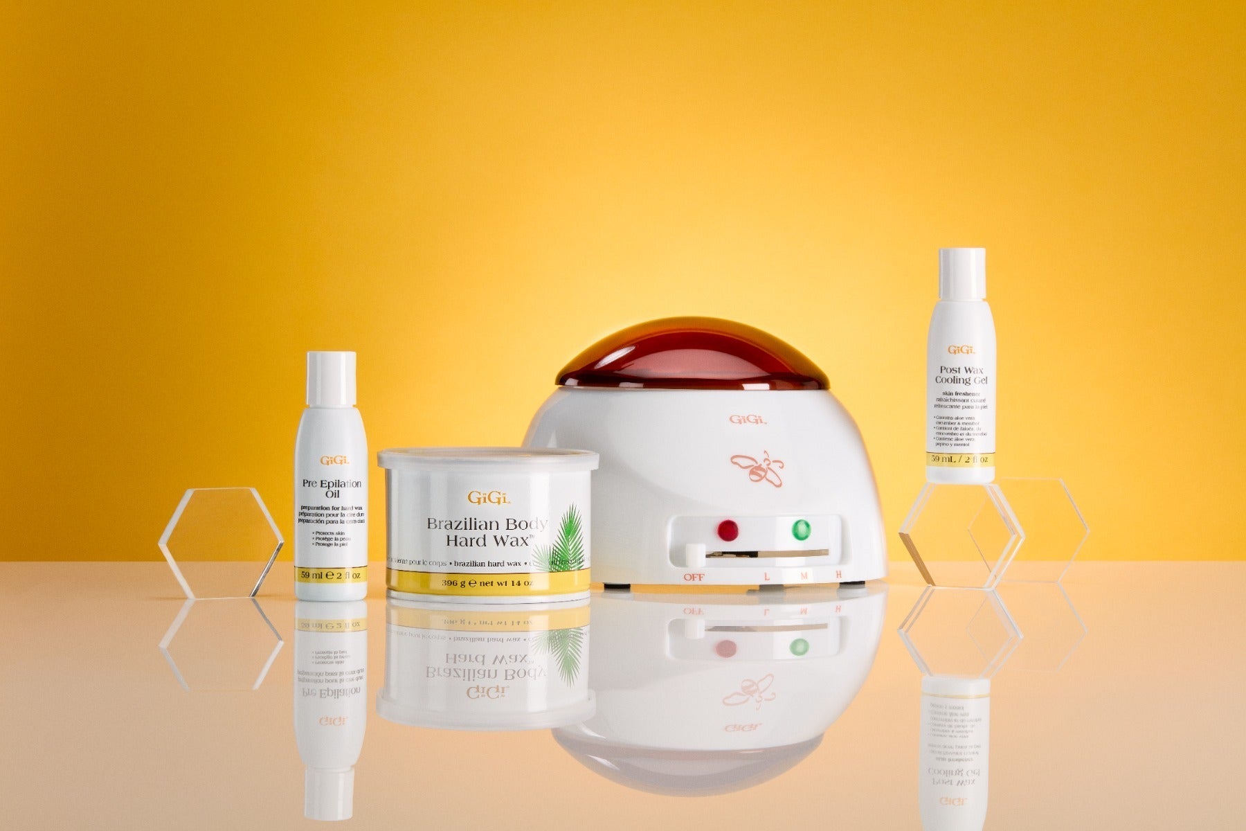 Brazilian Waxing Kit displaying only Professional-Grade Wax Warmer, Brazilian Body Hard Wax, Pre Epilation Oil, Post Wax Cooling Gel outside of packaging