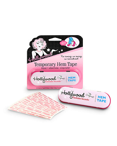 Hollywood Fashion Secrets Hem Tape kit, including packaging, tape strips, and a sleek storage tin for on-the-go fashion fixes.