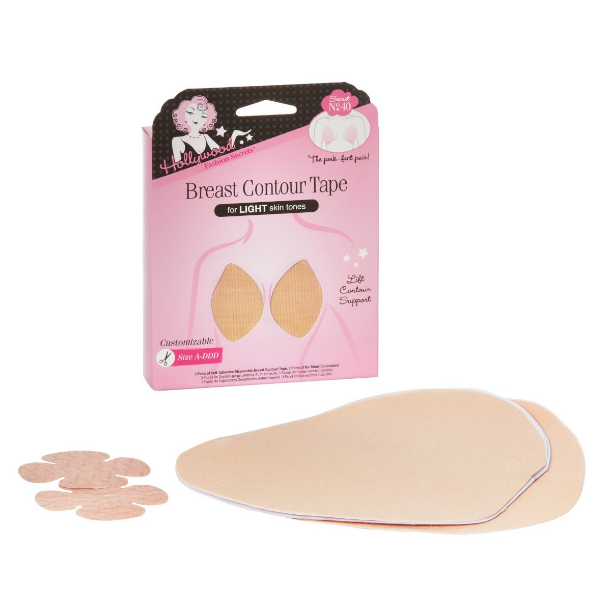 A front view of Hollywood Fashion SecretsBreast Contour Tape in shade Light with product in front of packaging