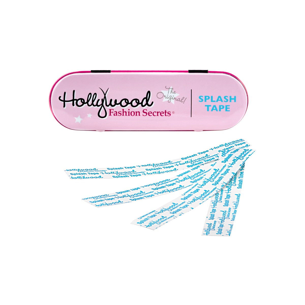 Illustration of Hollywood Fashion Secrets Splash tape metal packaging with its tape in a fan-spread position