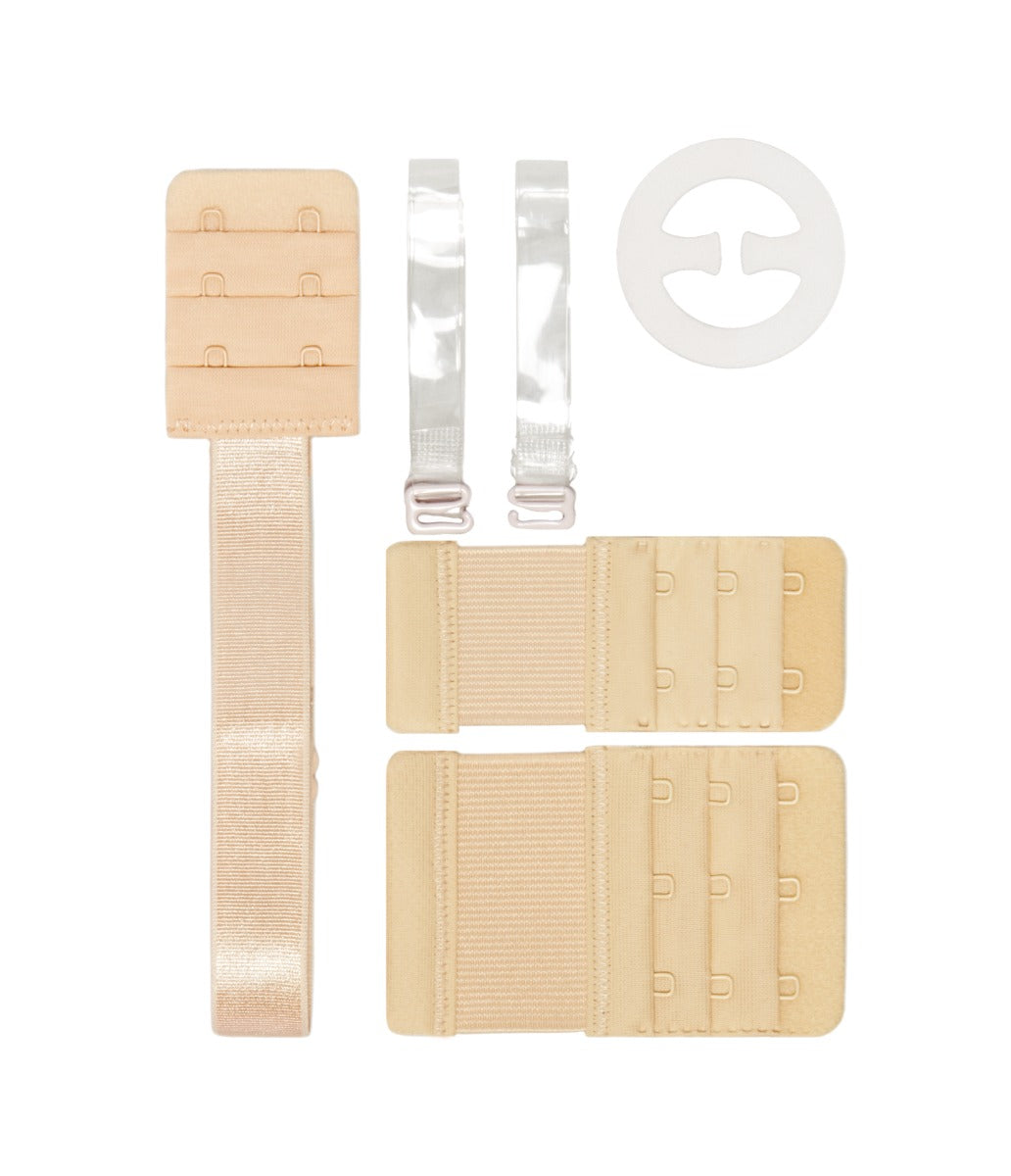 Contents of the Hollywood Fashion Secrets Bra Extend Kit displayed separately, including extenders, clear straps, and a bra converting clip.