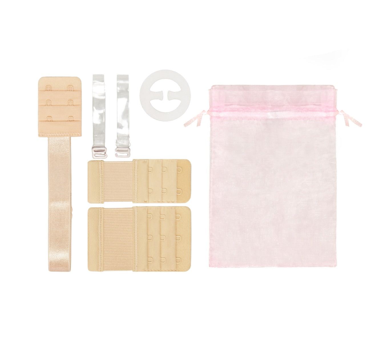 Close-up of the Hollywood Fashion Secrets Bra Extend Kit contents, including clear bra straps, a bra converting clip, and extenders with a pink storage bag.