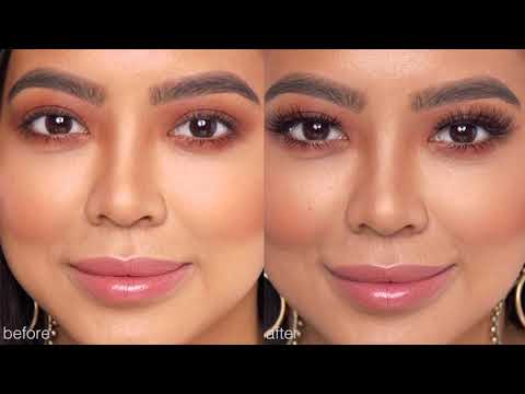 A side-by-side comparison of a model before and after applying Ardell false lashes for a dramatic look.