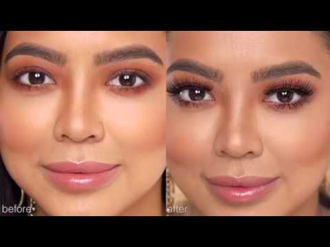 A side-by-side comparison of a model before and after applying Ardell false lashes for a dramatic look.