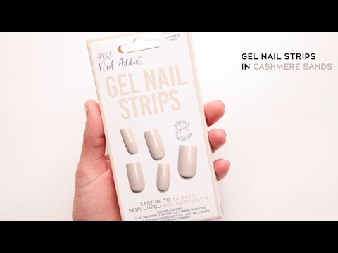 Gel nail strips in Cashmere Sands shade, semi-cured for long-lasting wear, in packaging.