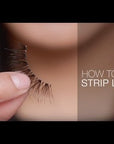 How to Apply Strip Lashes Tutorial Image showing how to apply Ardell strip lashes for a flawless, natural lash extension effect.