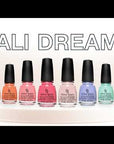 China Glaze Cali Dreams Nail Lacquer Collection with vibrant shades including orange, pink, blue, and more for a summer-inspired look.