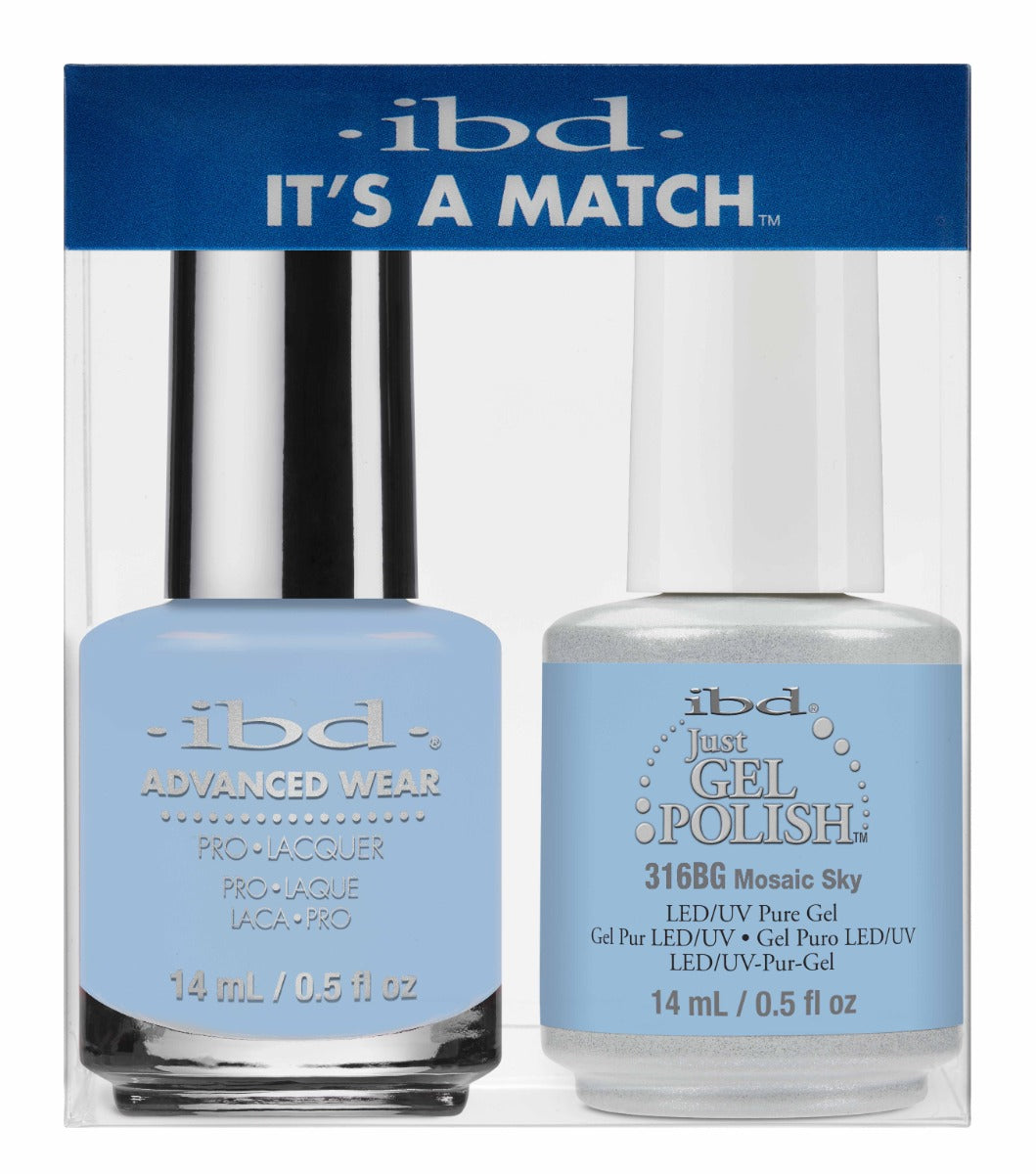 Front view of IBD Just Gel Polish bottle in shade Mosaic Sky and IBD Advanced Wear bottle in shade Mosaic Sky