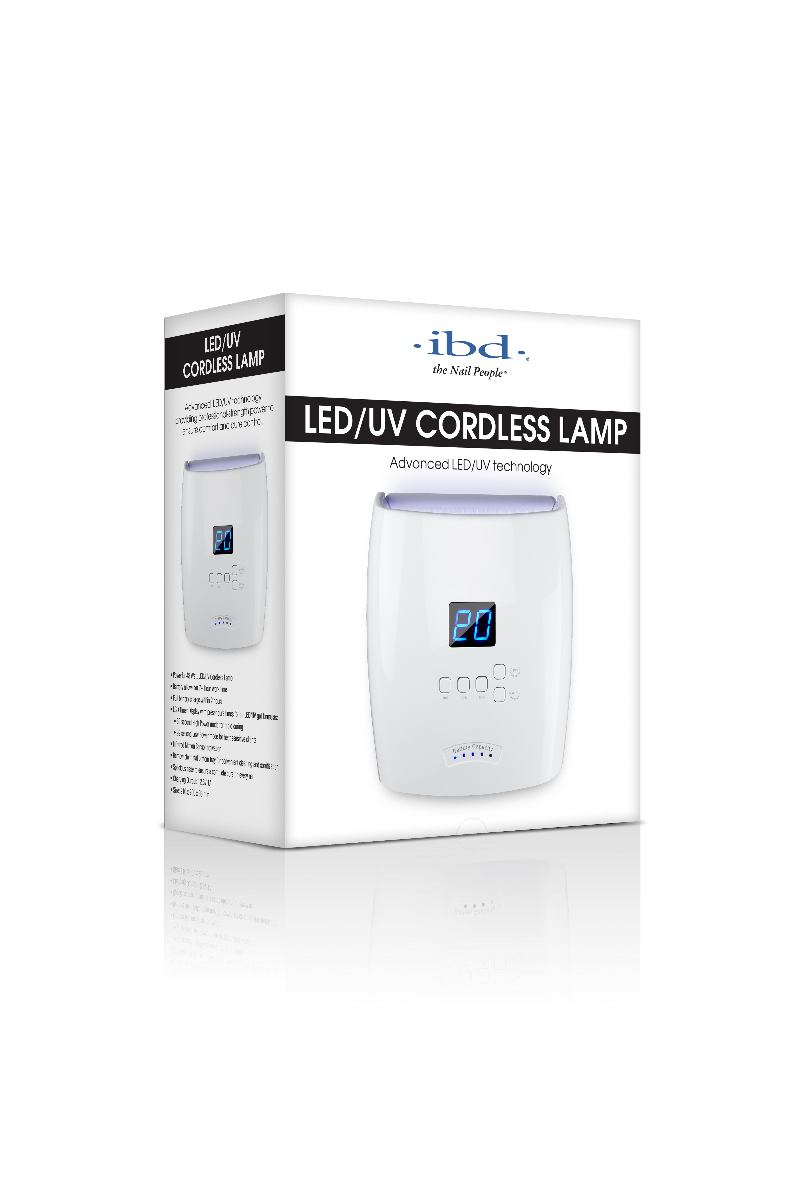 ibd PRO Cordless LED/UV Lamp retail box slightly turned to its face its left showing printed product details & depictions