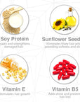 Essential Hair Care Ingredients - Soy protein, sunflower seed oil, vitamin E, and vitamin B5 for hair repair, shine, and strength.