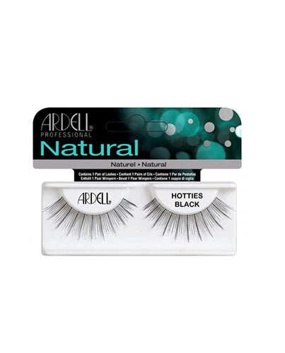 Front of Ardell Natural Hotties Lash - Black in a wall hook ready retail pack with product label of "Hotties Black"