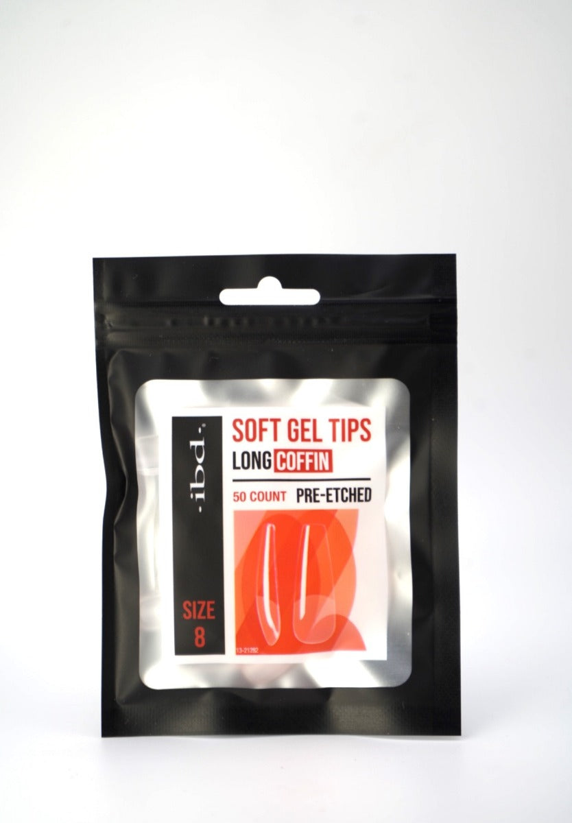 ibd Soft Gel Tips Long Coffin Size 8 - Pre-etched soft gel nail tips for long coffin-shaped nails, 50 count in a resealable black pouch.