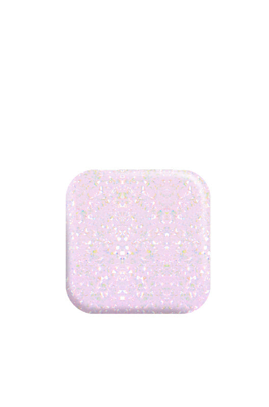 Glossy illustration of a color swatch featuring a Lilac mirage shade with specks of glitter lay in white color background