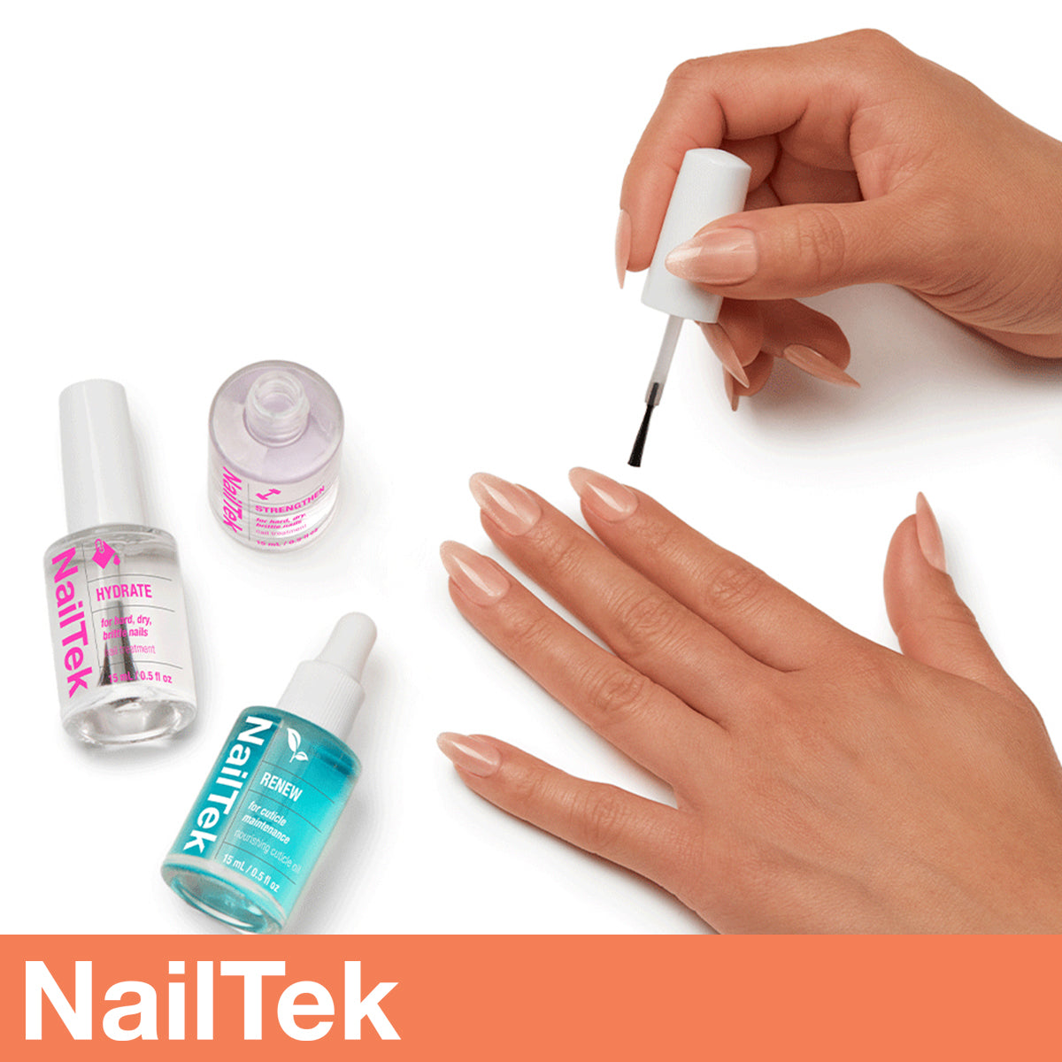 Hand applying clear nail treatment to natural, almond-shaped nails on a white background, with NailTek Hydrate, Strengthen, and Renew products displayed nearby.