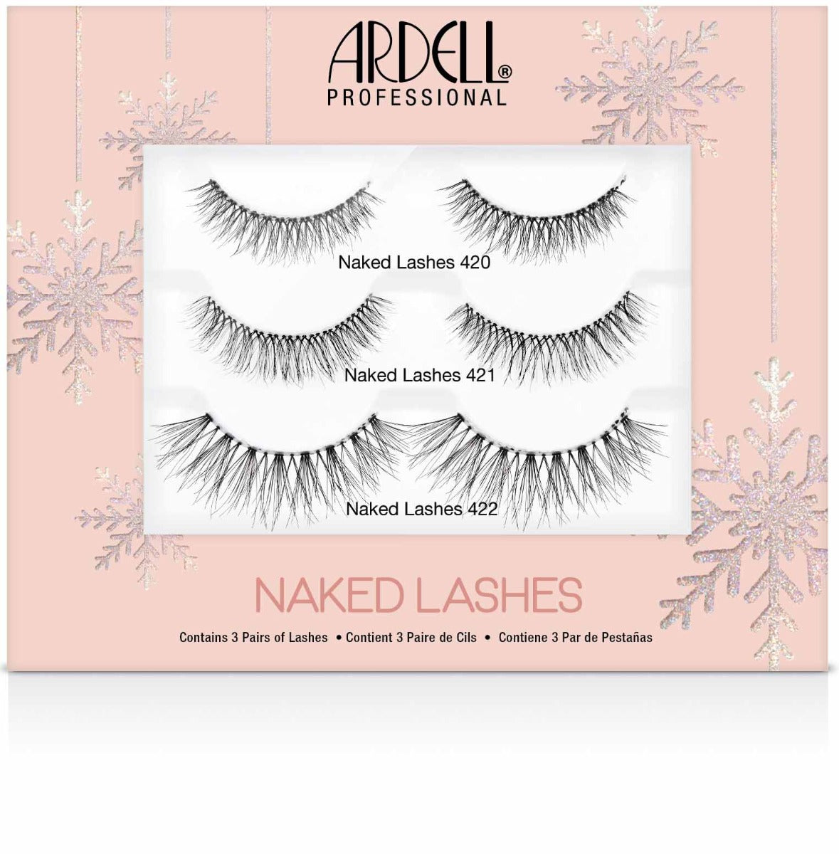 Front view of Naked Lashes 3 pair Gift Set in sealed packaging with the printed label of Naked Lashes # 420, 421 & 422.