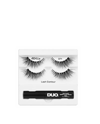 Ardell Lash Contour 371 false eyelashes set with Duo liner adhesive for long-lasting, voluminous lash enhancement.