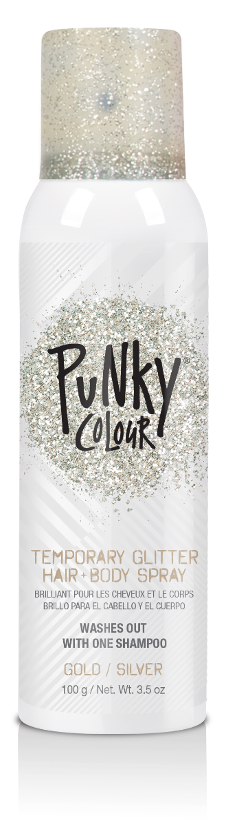 Punky Colour gold/silver glitter spray front view – A full product shot of the Punky Colour temporary glitter spray for hair and body.