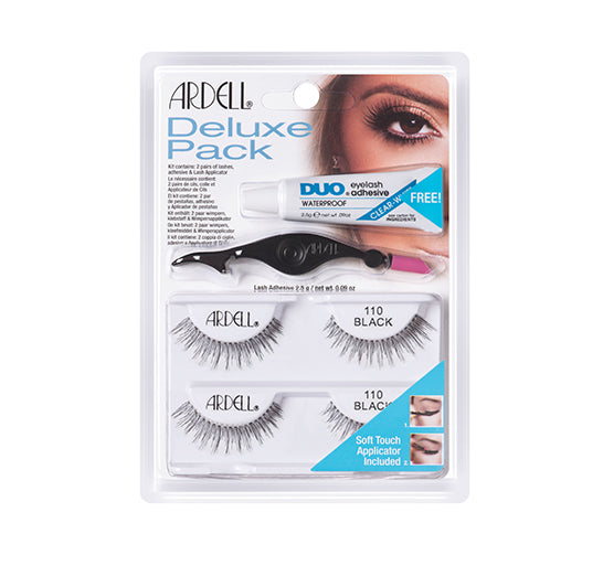 Ardell Deluxe Pack package with two pairs of 110 lashes, DUO adhesive and soft touch applicator
