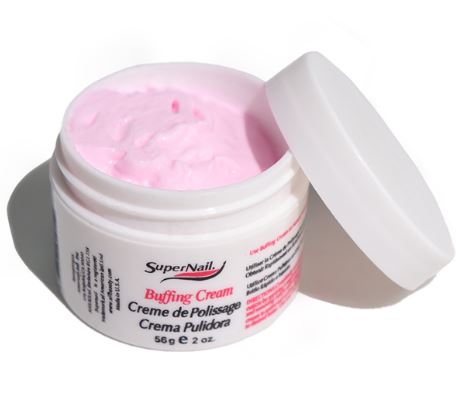Open jar of SuperNail Buffing Cream with pink formula. Professional-grade nail treatment for a high-gloss, smooth finish.