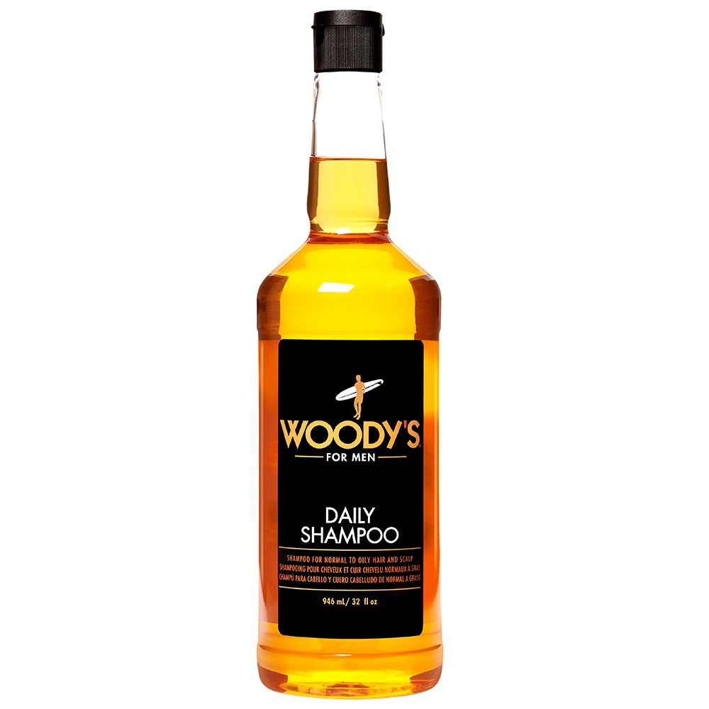 32 oz Capped bottle of men's shampoo with printed label text from Woody's men's grooming collection