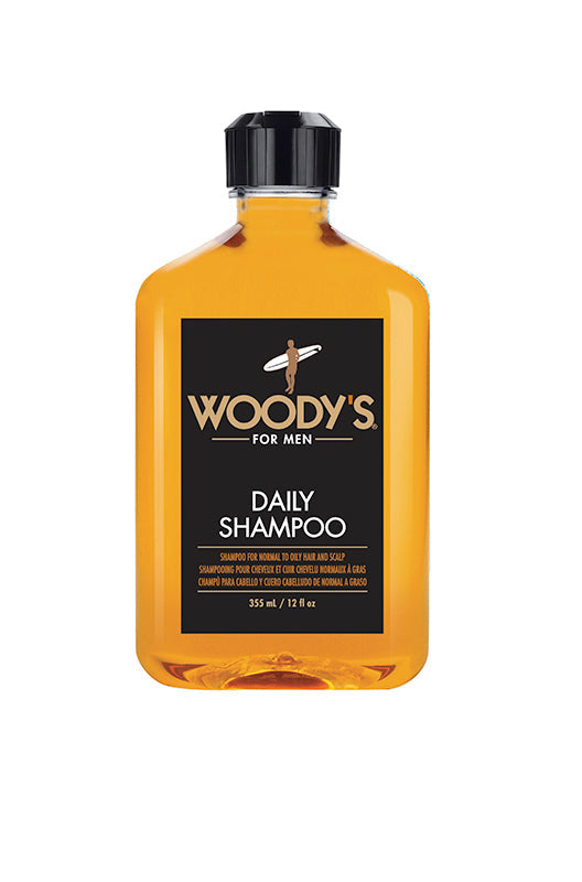 Capped 12-ounce bottle of men's daily shampoo by Woody's with printed label