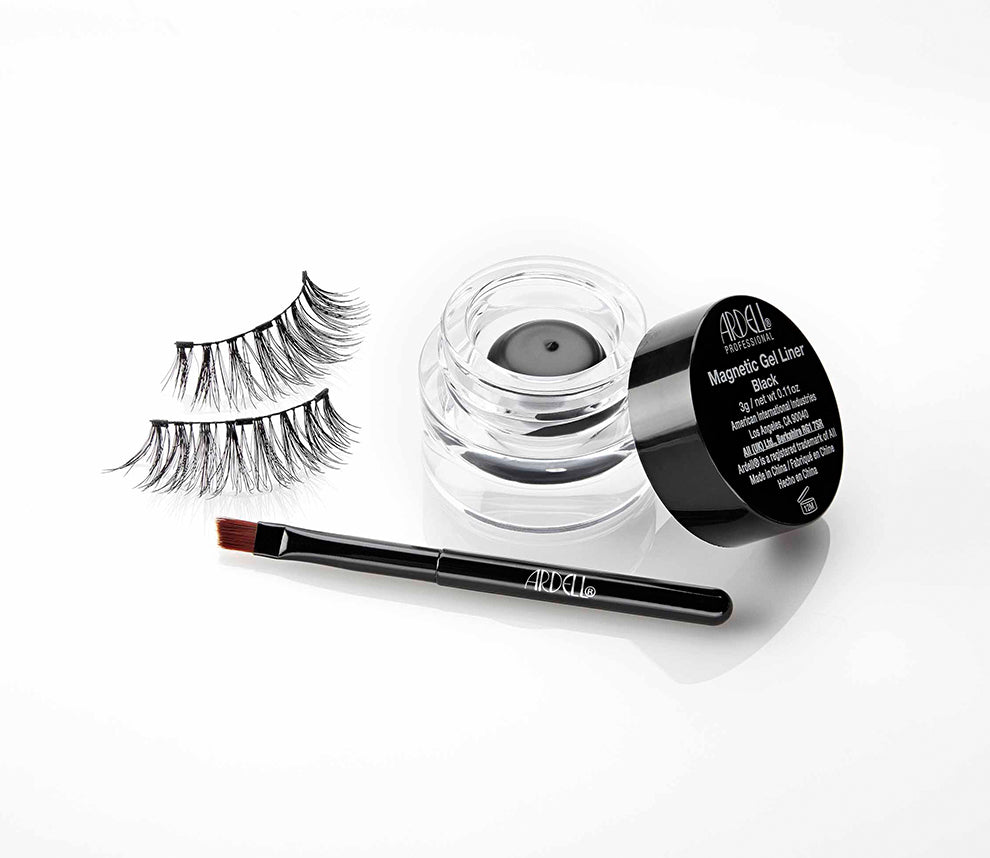 Ardell Magnetic Liner & Lash Kit, Wispies full set featuring 1 pair false lashes, open jar of magnetic gel liner, & brush.