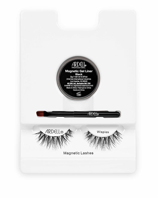 Ardell Magnetic Liner & Lash Kit, Wispies in inner packaging featuring magnetic gel liner, brush, & 1 pair false lashes.