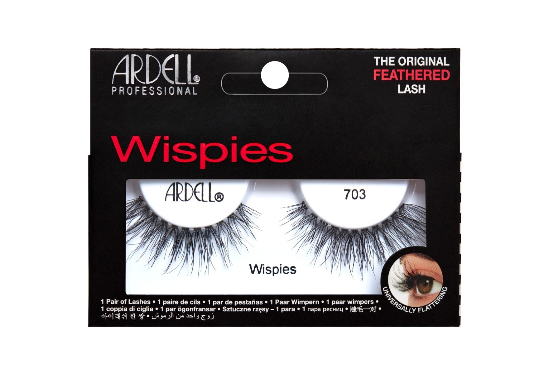 Front-facing of a wall-hook ready retail pack of Ardell's Wispies 703 with printed label text