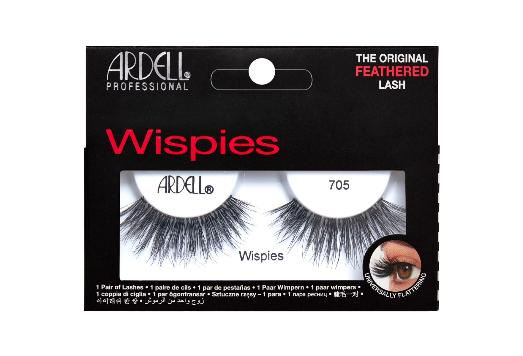Front of Ardell Wispies 705 wall-hook ready retail packaging with see through window